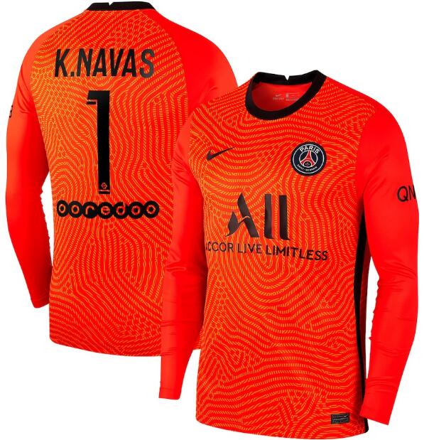 PSG Orange Goalkeeper Long Sleeve Soccer Jersey Shirt K.Navas 1 2020/21